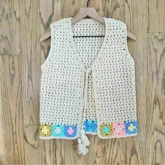 Crochet Cream and Multicolor Granny Square Tie Front with Tassle Wool Boho Vest - Picture 8 of 15
